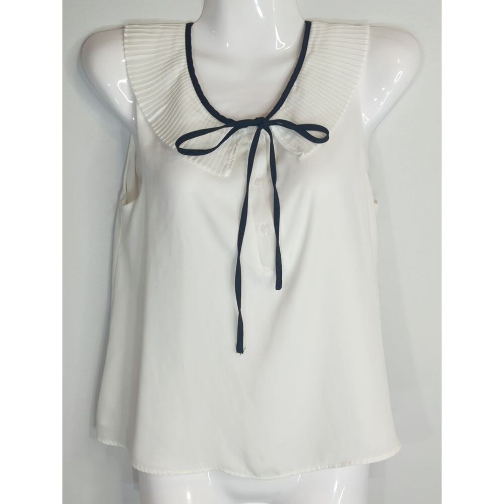 Zara White & Black Blouse Women's XS Tie Neck Flowy Casual Top Academia Preppy‎